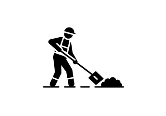 Silhouette of Construction Worker in Hard Hat Shoveling Dirt – Minimalist Icon for Labor and Infrastructure Themes