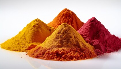 piles of colorful powdered spices on a white surface