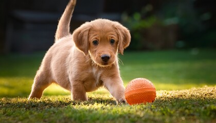 puppy as it engages with a ball toy creating a heartwarming scene