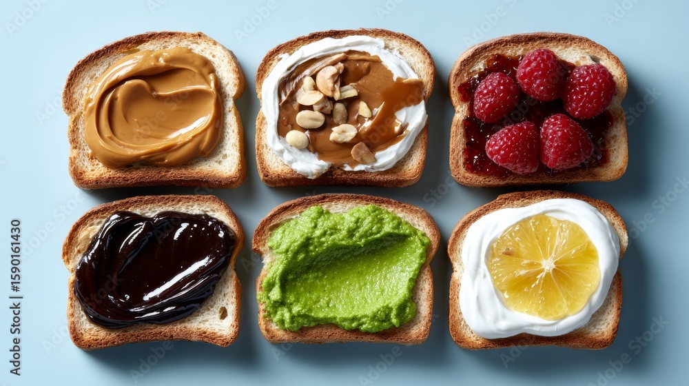 Aufkleber close up of six different types of bread with various spreads and toppings