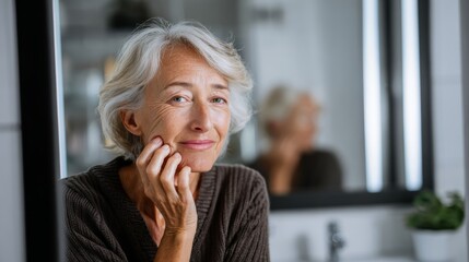 Woman is sitting in front of a mirror, looking at her reflection