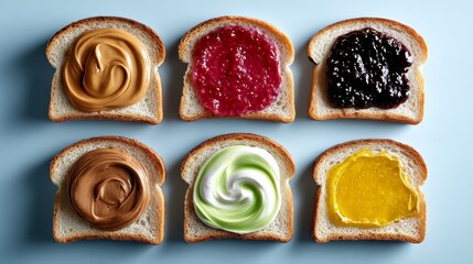 Close up of six different types of bread with various spreads on them