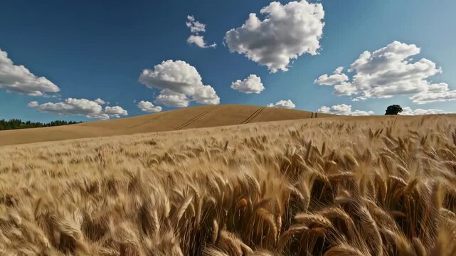 Golden wheat fields swaying under blue sky with rolling hills and fluffy clouds