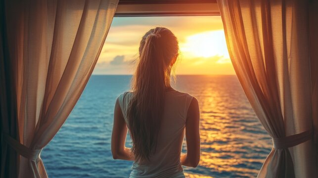Fototapeta Woman opening cabin curtains to see the ocean generative ai