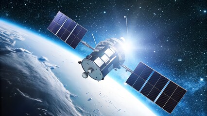 Advanced Satellite with Solar Panels Orbiting Earth in Space
