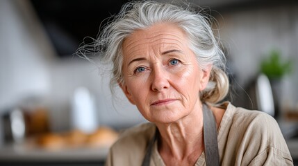 Woman with gray hair and blue eyes is sitting in a kitchen