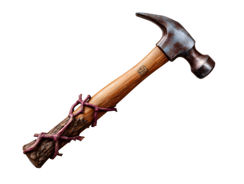 A hammer with a handle made of vines, isolated on transparent background