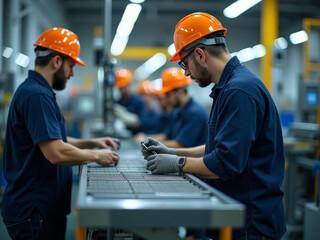 Travailleurs en usine sur une chaîne de production industrielle moderne
