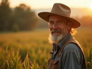 Vieil agriculteur au lever du soleil dans son champ
