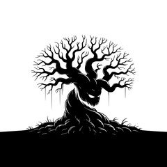 Fototapeta premium Spooky tree with face Halloween black silhouette vector, spooky simple silhouette design icon on white background, Halloween clipart illustration