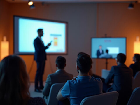 Conf&eacute;rence professionnelle avec pr&eacute;sentation visuelle devant un public attentif
