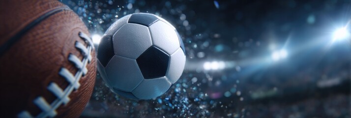 Naklejka premium A football and a soccer ball are captured mid-air, demonstrating dynamic motion. The atmosphere is charged with energy as lights illuminate the sports arena, enhancing the excitement of the game