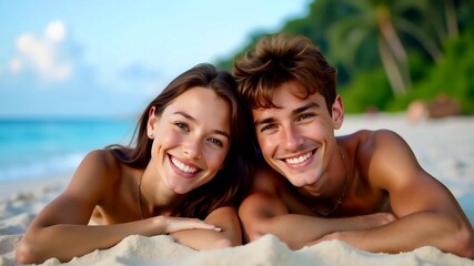 Happy young couple lying on the sand by the sea, relaxing on a summer beach