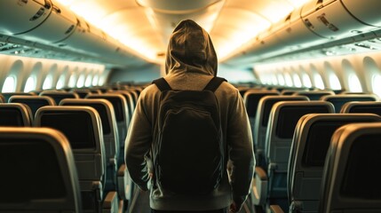 Fototapeta premium Young man in hoodie walking down airplane aisle, generative ai