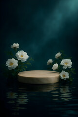 AI-generated dark floral product podium with water reflection

