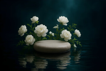 AI-generated dark floral product podium with water reflection

