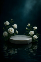 AI-generated dark floral product podium with water reflection

