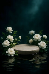 AI-generated dark floral product podium with water reflection

