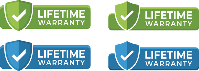 Set of lifetime warranty checkmark shield icons – flat vector guarantee logos in blue and green, ideal for marketing, packaging, electronics, and tools branding.