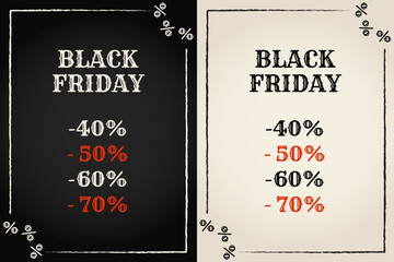 Black Friday sale banner design with bold discount percentages and grunge frame. Big retail promotion concept.