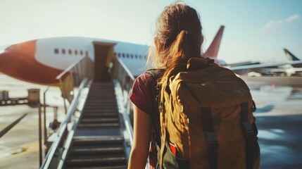 Obraz premium Young woman boarding a plane, backpack on shoulder, generative ai