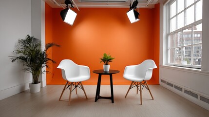 White chair is placed in front of a table with a potted plant