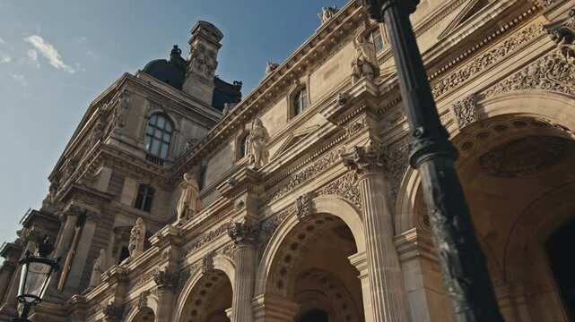 Louvre museum in Paris cityscape. Historic buildings urban landscape of the capital of France, beautiful houses in tourist Europe for travel.