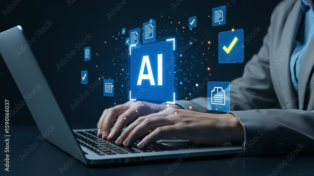 Aufkleber businessperson in suit typing on laptop with holographic ai icon, checkmarks and documents floating 