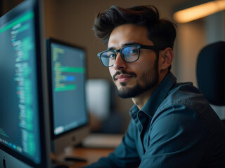 Jeune développeur concentré devant son écran de code informatique
