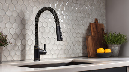 Black high-arc faucet with spray function shown as kitchen hardware. 