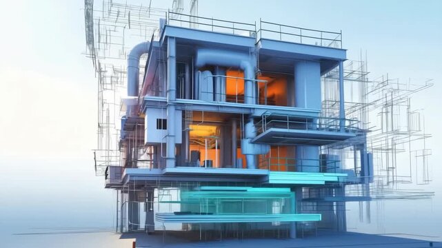 3D conceptual building animation with highlighted HVAC and energy-saving systems in construction phase 