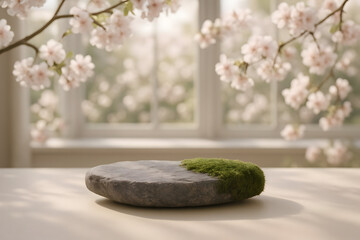 AI-generated spring stone podium with sakura branches and moss
