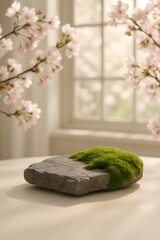 AI-generated spring stone podium with sakura branches and moss