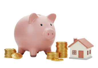 Isolated Pink Piggy Bank with Coins and House