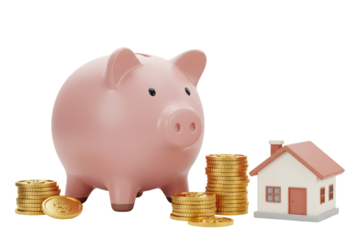 Isolated Pink Piggy Bank with Coins and House