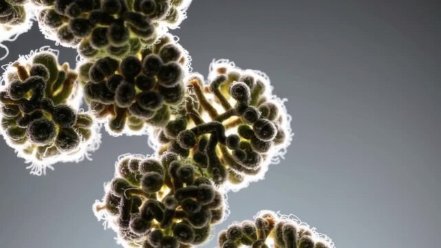 Mold spores under microscope in looping motion, detailed view