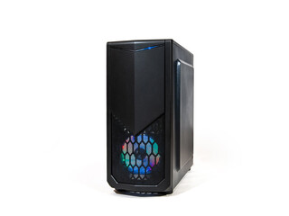 Front view of sleek black computer tower with RGB fan, gaming PC case with honeycomb mesh and LED...