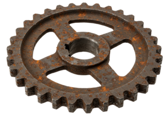 Isolated Rusty Metal Sprocket Wheel with Intricate Cutouts