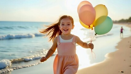 Happy little girl running with balloons along the beach by the sea