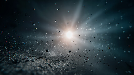 Abstract cosmic space scene with glowing light and floating particles in a dark environment