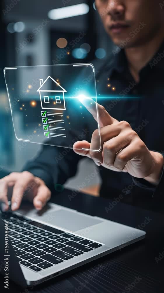 Poster person using laptop and interacting with floating holographic house icon and checklist interface in 