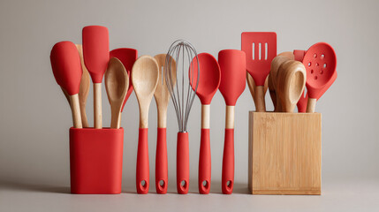 Complete red and wooden silicone kitchen utensil set including spatulas, forks, whisks, and holder. 