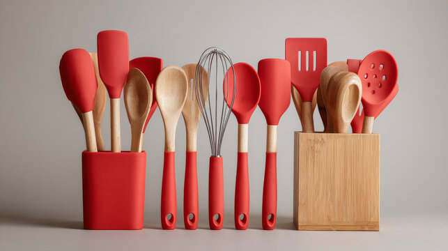 Complete red and wooden silicone kitchen utensil set including spatulas, forks, whisks, and holder. 
