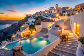 Fototapeta premium Sunset Over Santorini White Village Pool