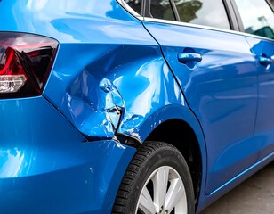 Damaged blue car's rear panel