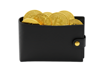 Isolated Black Leather Wallet Overflowing with Gold Bitcoins