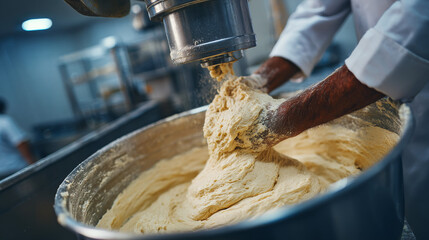 Dough kneading process using an industrial mixer at a bakery. 