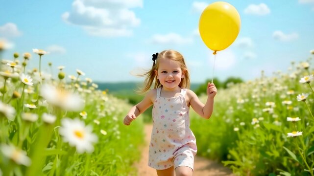 Happy little girl running with balloons on a path through a flower field