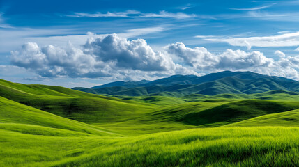 Fototapeta premium Lush green hills under a vibrant blue sky with dramatic clouds in a scenic landscape