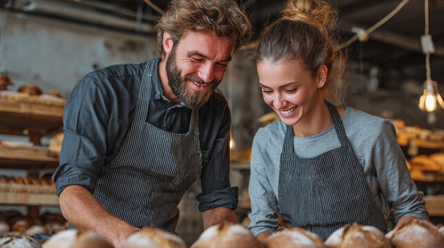 Happy man and woman working together in a bakery setting.